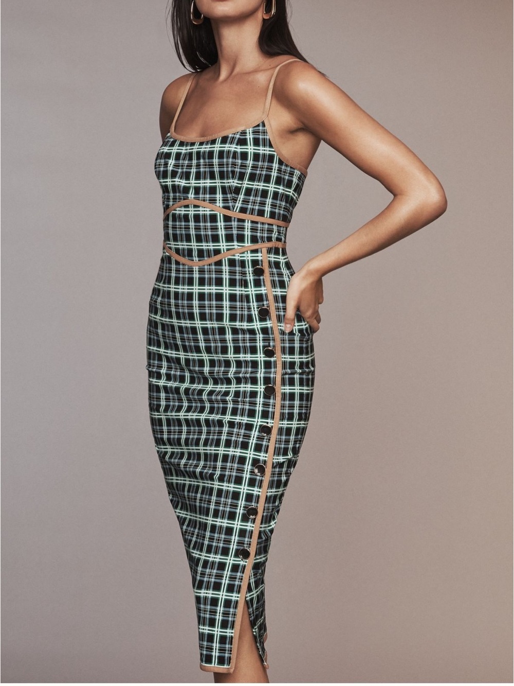 Anthropologie Plaid Spaghetti-Strap Midi Dress with Brown Trim